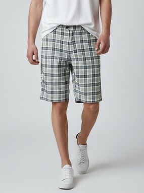 Men's Blue Green Plaid Reversible Flat Front Chino Shorts Size 34